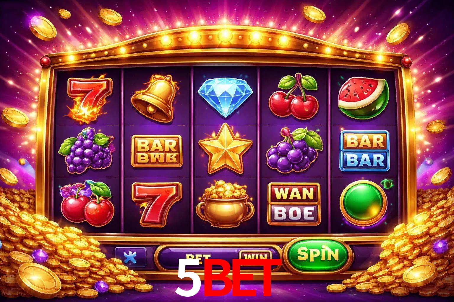 Una interfaz colorida de tragamonedas en línea con símbolos brillantes, monedas y un efecto de victoria celebratoria en 5BET.