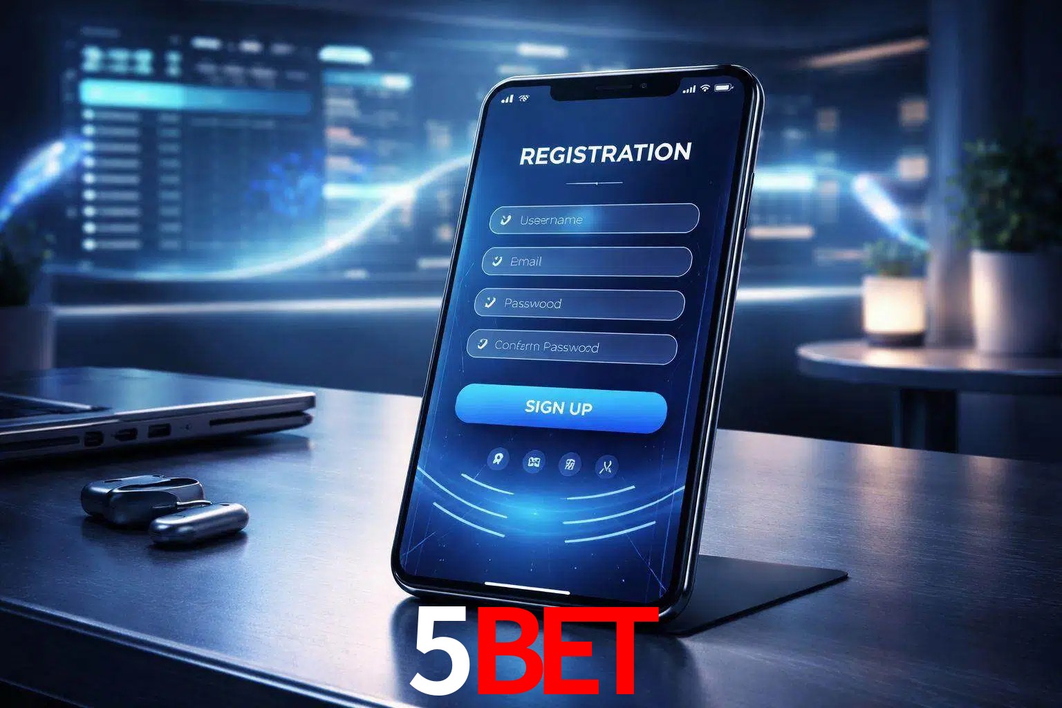 Una interfaz moderna de registro móvil para 5BET mostrada en un smartphone con un panel de apuestas elegante.